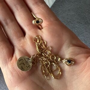 14k yellow gold matching necklace, pendant and ring diamonds and sapphires